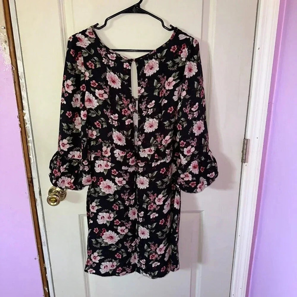 American Eagle Floral Flared Blouson Half Sleeve Mini Dress Black Size M - Picture 2 of 6